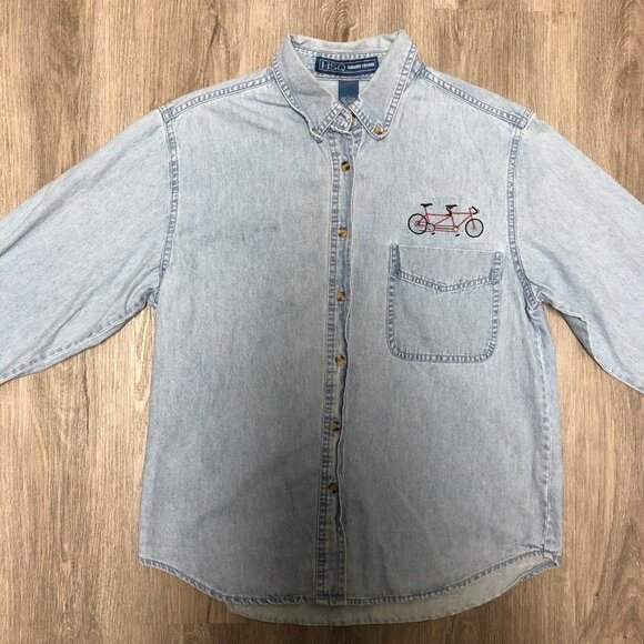 Vintage Button Up Denim Shirt with Bicycle Embroidery 90s Light Wash Jean Shirt - Picture 6 of 13